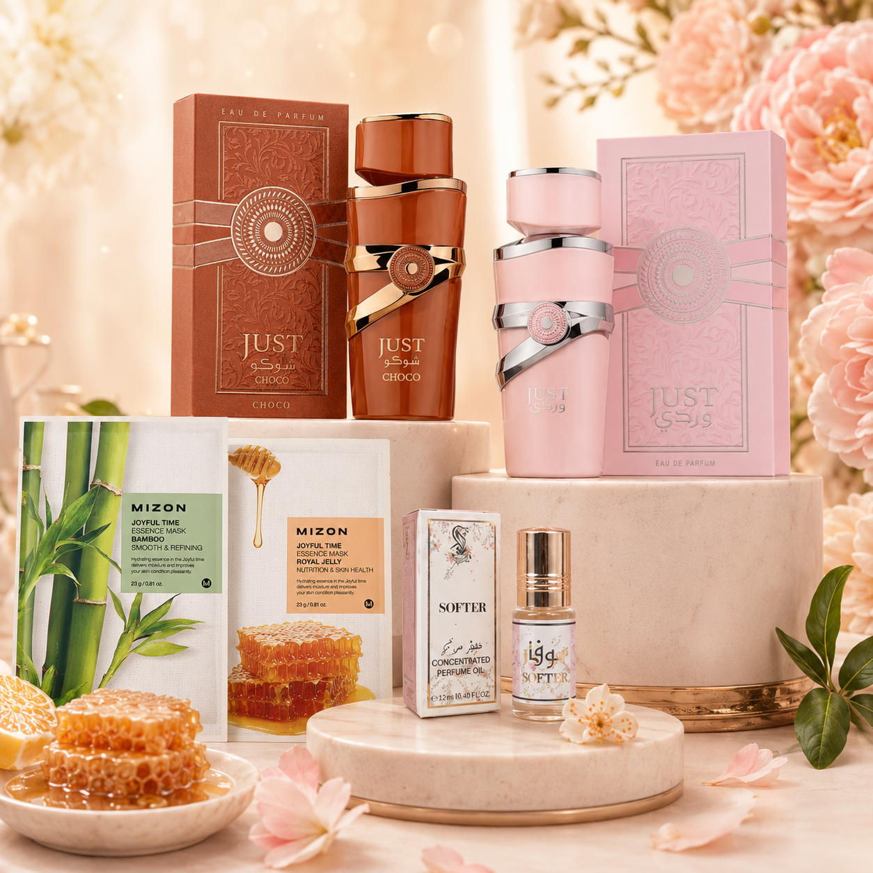 Just Choco 100 мл + Just Wardi 100 мл + Ароматно масло Soft 6 мл + Mizon Bamboo маска + Mizon Royal Jelly маска